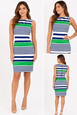 Esley Blue Green Striped Sheath Dress Sleeveless Stretch Career Midi Size M